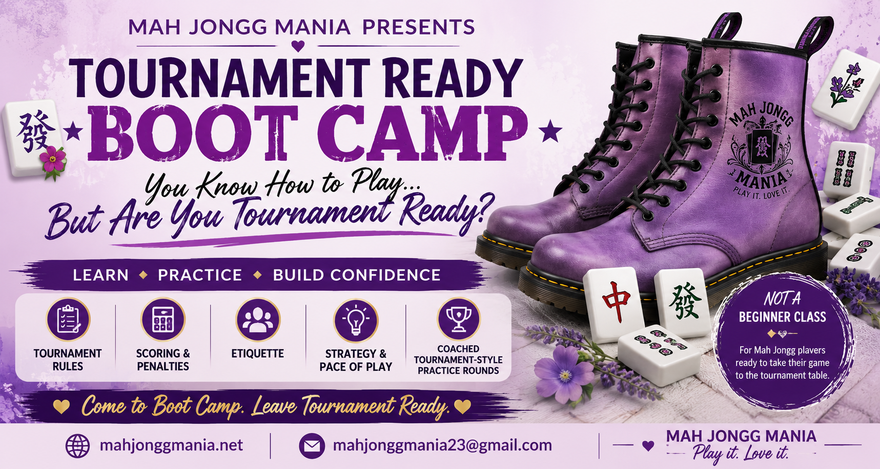 Mah Jongg Mania Tournament Ready Boot Camp with purple boots and Mah Jongg tiles